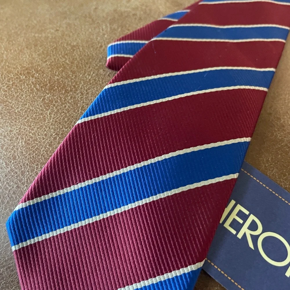 Boys clip on neck tie Burgundy + Blue Striped size 8 to 10 formal dressy church